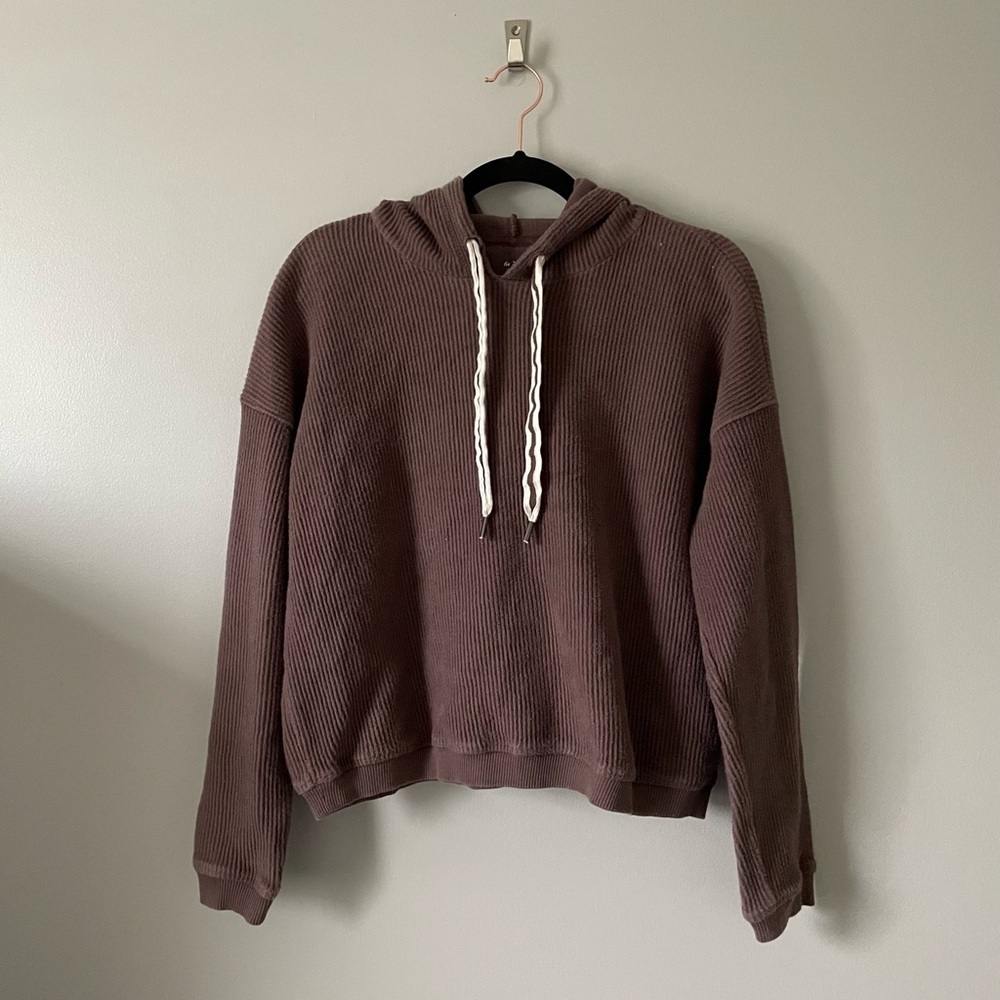 Aerie love corded crop Chocolate Brown Ribbed Hoodie Pullover size S